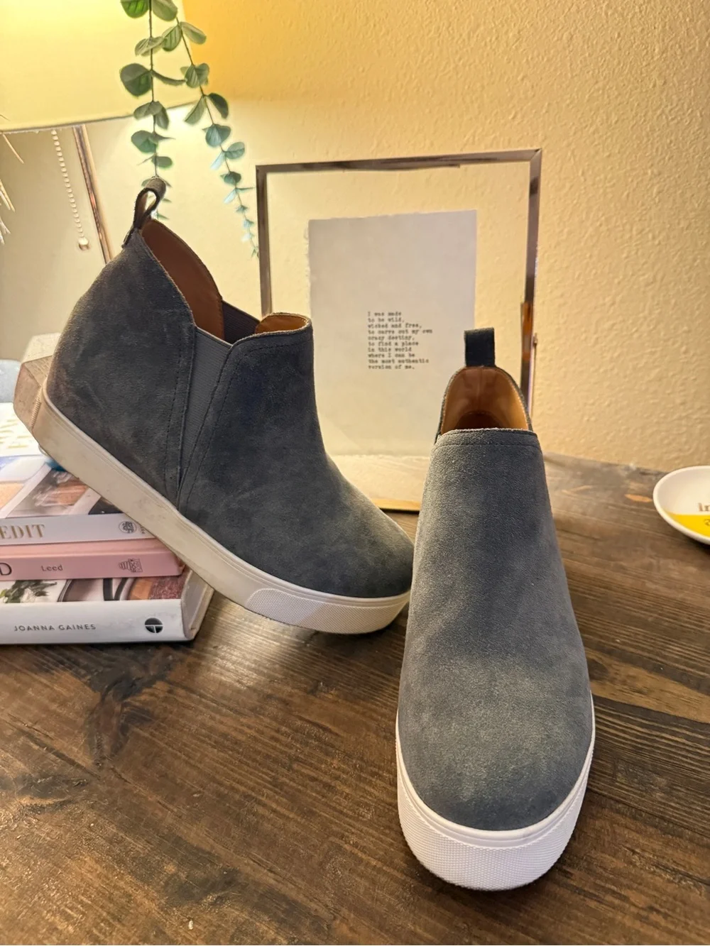 Wedge Platform Slip-On Sneakers in Charcoal Suede